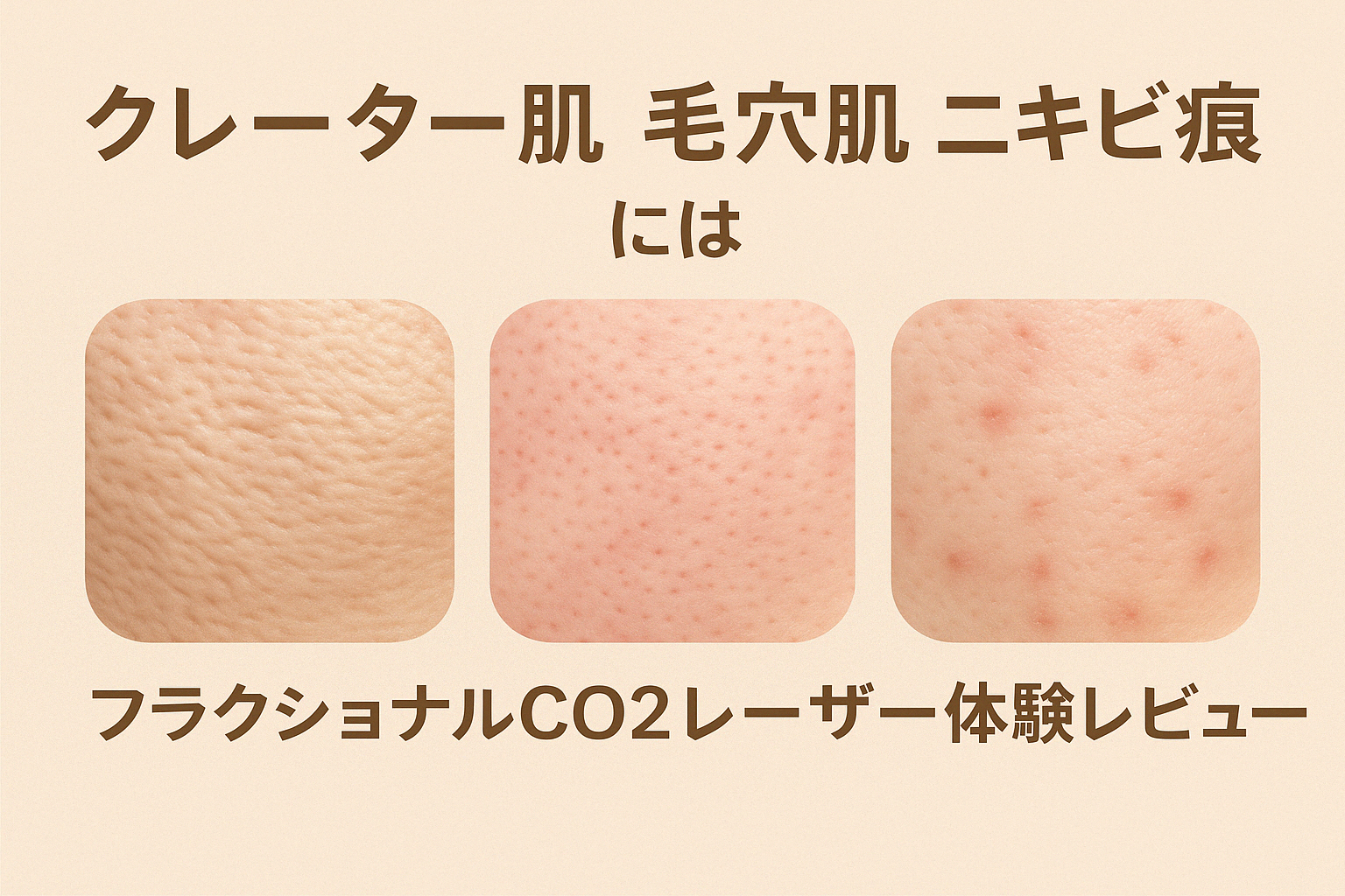 クレーター肌・毛穴肌・ニキビ痕の肌トラブルを強調したテクスチャ比較画像。フラクショナルCO2レーザー体験レビューのバナー。